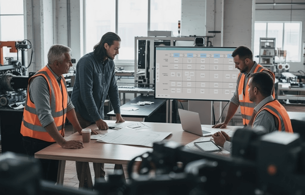 Four men in an industrial setting, three wearing orange safety vests, gathered around a table with blueprints and a laptop, discussing a project with a process flowchart displayed on a large screen behind them.