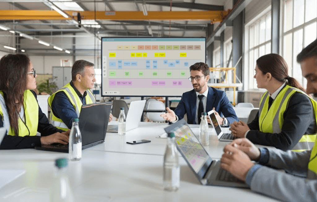 Team meeting in an industrial office where a man in a suit discusses a project on a large screen showing a colorful workflow chart, while others wear yellow safety vests and use laptops.